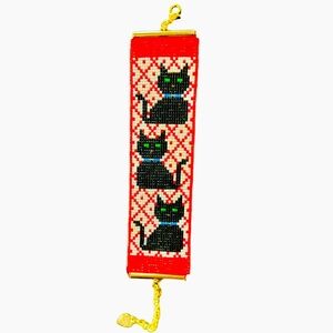 Handwoven beaded three black cat loom cuff panel bracelet adjustable cat lover